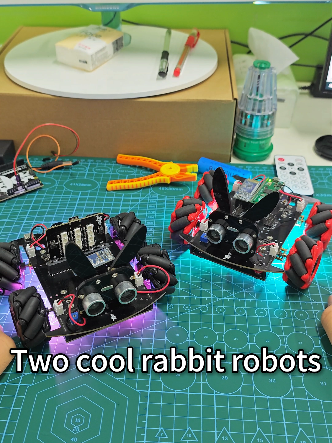 Two cool rabbit robots, we have gorgeous lights and tracking, ultrasonic modules, the difference is that one uses Raspberry PI motherboard, one uses UNO motherboard#DIY #programming #RaspberryPI