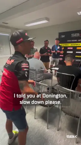 Slow down? 👀 That's not really in @toprak_tr54's style! 😅 We always have a great time when we bump into these two during interviews 😂 #CzechWorldSBK 🇨🇿 #WorldSBK #motorcycle #motorsport #racing #sportsontiktok