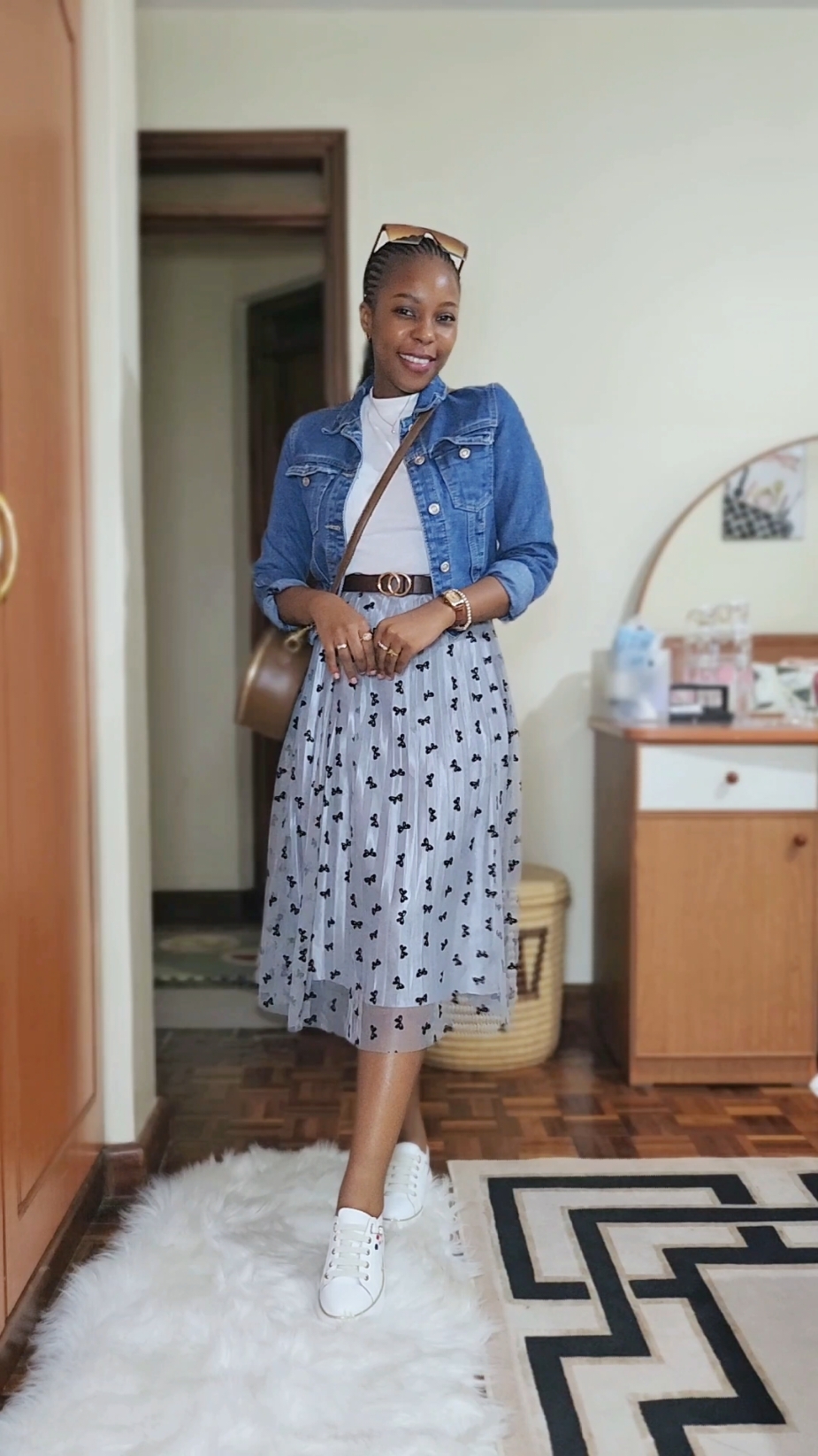 Day 201/366. TOP /JACKET:MRP  SKIRT:Thrifted  BAG:China Square (lang'ata) PERFUME:Miniso  ACCESSORIES:Miniso #grwm #OOTD #simple #outfitideas #outfitinspo #lookoftheday #casual #outfit #fashion #grwmoutfit #simplelook #errands #outfitcheck 