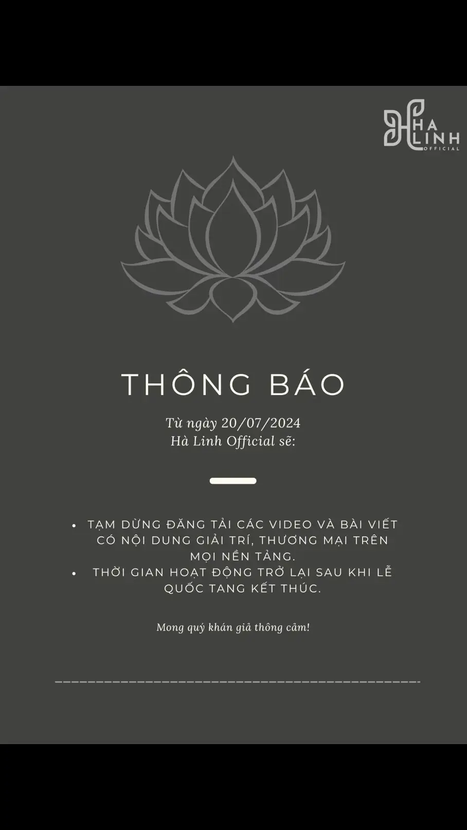 Bằng tất cả sự xót thương và kính trọng nhất, sự ra đi của Tổng Bí Thư: Bác Nguyễn Phú Trọng là niềm tiếc thương của cả dân tộc. Team Hà Linh Official xin phép ngừng đăng tải các nội dung trên mọi nền tảng đến khi có thông báo mới nhất! Trân trọng. 