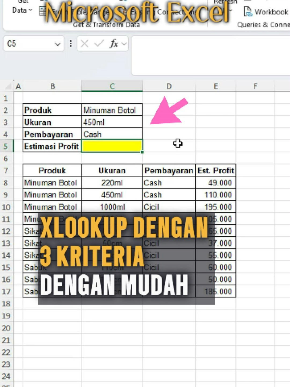 XLOOKUP dengan Beberapa Kriteria #belajarexcel #excel  Kita terkadang memerlukan satu baris, atau beberapa kolom yang digunakan untuk menampilkan output seperti Estimasi Profit pada contoh soal.