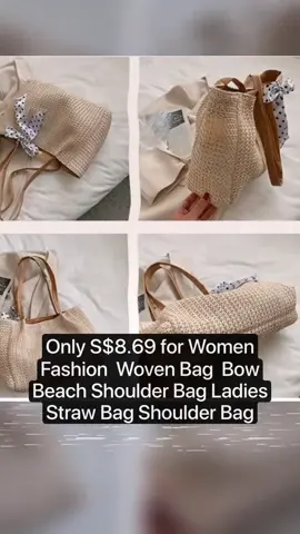 Only S$8.69 for Women Fashion  Woven Bag  Bow Beach Shoulder Bag Ladies Straw Bag Shoulder Bag 