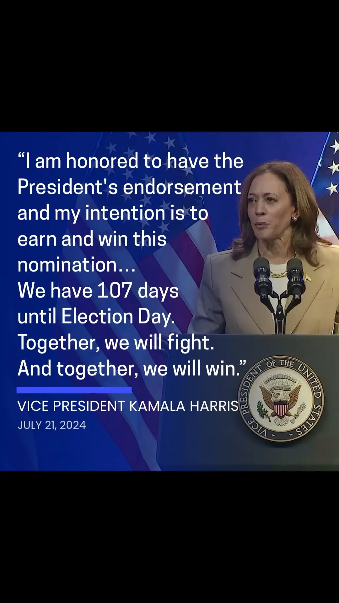 Vice President Kamala Harris on Sunday issued the following statement, saying she will seek the Democratic presidential nomination after President Biden bowed out of the race:   “On behalf of the American people, I thank Joe Biden for his extraordinary leadership as President of the United States and for his decades of service to our country. His remarkable legacy of accomplishment is unmatched in modern American history, surpassing the legacy of many Presidents who have served two terms in office.   “It is a profound honor to serve as his Vice President, and I am deeply grateful to the President, Dr. Biden, and the entire Biden family. I first came to know President Biden through his son Beau. We were friends from our days working together as Attorneys General of our home states. As we worked together, Beau would tell me stories about his Dad. The kind of father-and the kind of man—he was. And the qualities Beau revered in his father are the same qualities, the same values, I have seen every single day in Joe’s leadership as President: His honesty and integrity. His big heart and commitment to his faith and his family. And his love of our country and the American people.   “With this selfless and patriotic act, President Biden is doing what he has done throughout his life of service: putting the American people and our country above everything else.   “I am honored to have the President’s endorsement and my intention is to earn and win this nomination. Over the past year, I have traveled across the country, talking with Americans about the clear choice in this momentous election. And that is what I will continue to do in the days and weeks ahead. I will do everything in my power to unite the Democratic Party-and unite our nation-to defeat Donald Trump and his extreme Project 2025 agenda.   “We have 107 days until Election Day. Together, we will fight. And together, we will win.” #kamala #kamalaharris #election2024 #cspan 