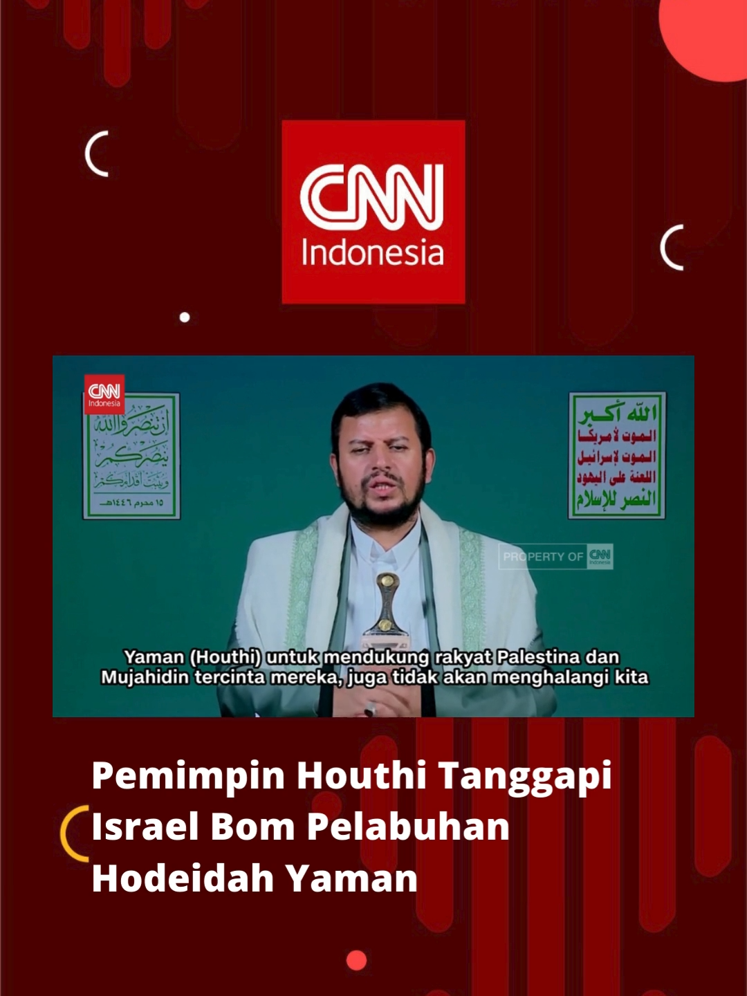 Pemimpin Houthi, Abdul-Malik Al-Houthi mengatakan serangan Israel terbaru di pelabuhan Hodeidah, Yaman tidak akan menguntungkan Israel. Hal itu disampaikan dirinya dalam pidato di televisi Minggu waktu setempat. Ia menambahkan serangan udara pada hari Sabtu tidak akan menghalangi operasi Houthi di Yaman, dan Israel akan mengalami kekalahan. Pejabat Israel mengatakan, pelabuhan Hodeidah telah digunakan Houthi untuk menerima pengiriman senjata dari Iran. Serangan pesawat tempur tersebut menewaskan 6 orang dan melukai puluhan lainnya. #houthi  #Yaman  #Israel