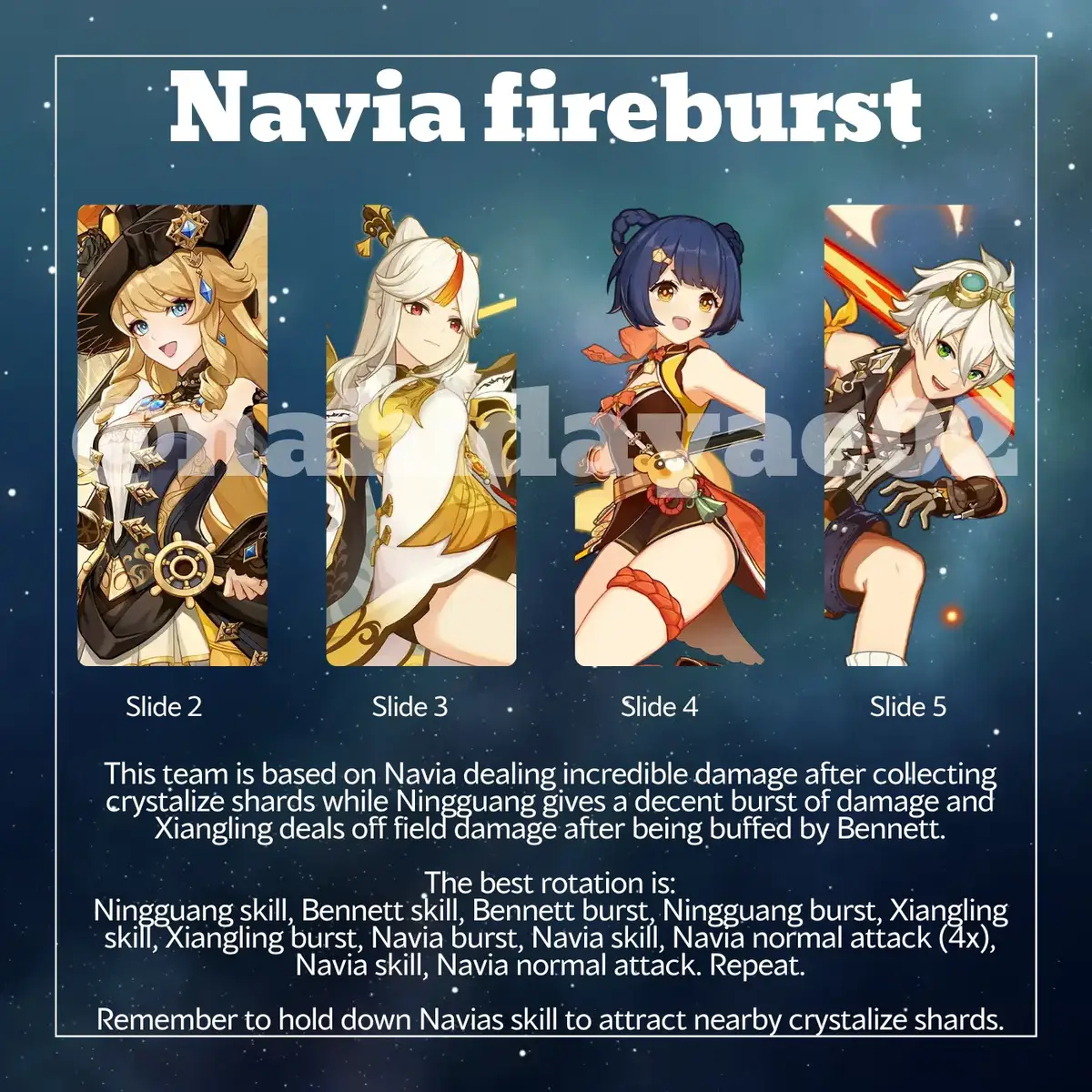 Since Navia is back for a little while here's one of her best teams to use! This is the first time I've made a team guide, any feedback or tips are appreciated as usual. #navia #naviagenshinimpact #GenshinImpact #genshin #genshinguide #genshinteam #genshinteamguide #ningguang #bennettgenshinimpact #xianglinggenshinimpact #ningguanggenshinimpact #bennett #xiangling #fy #fyp 