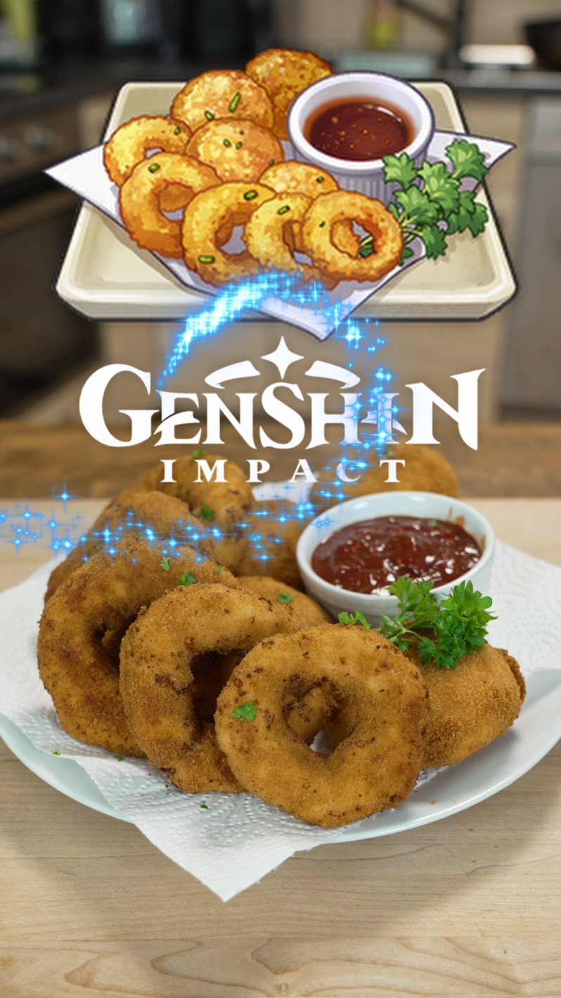 Feast-O's from Genshin Impact Fontaine  Giftcode: NAJEWZTD7XD5  Available from 5th July 18:00 to 21st September 00:00 Beijing Time 60*primogems & 5*adventurer's experience #GenshinImpact #GenshinimpactDE #Genshinimpact48  @GenshinImpact_DE  Ingredients: Fish Cake -2 cod filets -1 large potato -1 tbsp butter -2 tsp salt -2 tsp black pepper -2 tsp garlic powder -2 tsp onion powder -2 tsp chili powder -2 tsp paprika -2 tsp dried herbs -1 large egg -30g panko bread crumbs -MSG Onion Rings -1-2 chicken breast -1 large onion -1 tsp black pepper -1 tsp garlic powder -1tsp onion powder -2 tbsp cream cheese -1 tbsp shredded cheddar cheese Sauce -2 tbsp ketchup -1 tsp vinegar -1 tbsp worcestershire sauce -1 tsp brown sugar -1 tsp black pepper For Deep Frying -all purpose flour -2 large eggs -normal bread crumbs -oil Garnish -chopped parsley -parsley sprig Instructions: Salt the cod filets and the chicken breast, bake at 200°C/400°F for 8 minutes. Peel and chop potatoes, place into a bowl of water. Boil potatoes until they are fork tender. Add butter and mash with the potatoes then set aside. Cut onion into thick rings. Shred the meat after it's cooked and place into two separate bowls. For the chicken add seasonings, cream cheese and shredded cheese, then mix together. Shape the chicken mixture around the onion rings. For the fish add mashed potatoes, seasonings, eggs and bread crumbs, then mix together. Shape into round balls with your hands. Place on parchment paper and freeze for 2h. Coat fish cake in flour, egg and bread crumbs. Deep fry at 170°C/340°F for 4-5 minutes or until golden brown. Coat onion chicken rings in flour, egg and bread crumbs. Deep fry at 170°C/340°F for 2-3 or until golden brown. For Sauce combine all ingredients into a saucepan and whisk on medium heat until fully combined. Plate the fish cake, onion rings and sauce together. Garnish with some parsley.