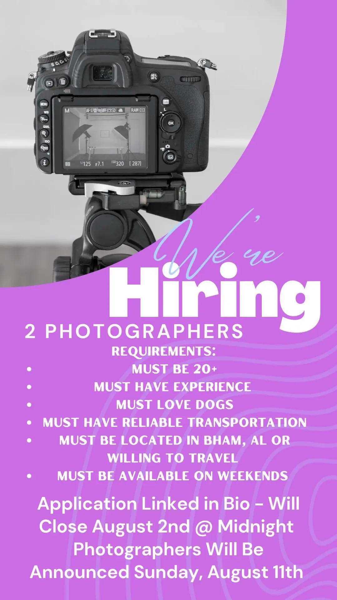 Our Team is Expanding!  Big Daddy Nem are in search of an individual who’s skilled in pet photography, has patience, and a creative mindset to join our team. Details Below! Application linked in bio! Good luck 🥳🥳💪🏽 Share and tell a friend 💜