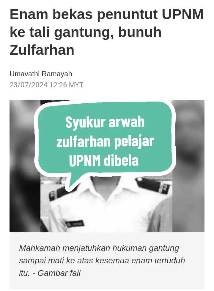 PUTRAJAYA: Mahkamah Rayuan membenarkan permohonan pihak pendakwaan bagi mengekalkan pertuduhan mengikut Seksyen 302 Kanun Keseksaaan ke atas enam bekas penuntut Universiti Pertahanan Nasional Malaysia (UPNM) yanga menyebabkan kematian Pegawai Kadet Laut, Allahyarham Zulfarhan Osman Zulkarnain, tujuh tahun lalu. Hakim Datuk Hadhariah Syed Ismail memberitahu dengan itu, mahkamah menjatuhkan hukuman gantung sampai mati ke atas kesemua enam tertuduh itu. Mereka ialah Muhammad Akmal Zuhairi Azmal, Muhammad Azamuddin Mad Sofi, Muhammad Najib Mohd Razi, Muhammad Afif Najmudin Azahat, Mohamad Shobirin Sabri dan Abdoul Hakeem Mohd Ali. #bismillahfypシ゚ #SatuLagiGuys #fypシ゚viral #fyppp #vtt #fyp #marketing #bismillahfypシ #TikTokShop 