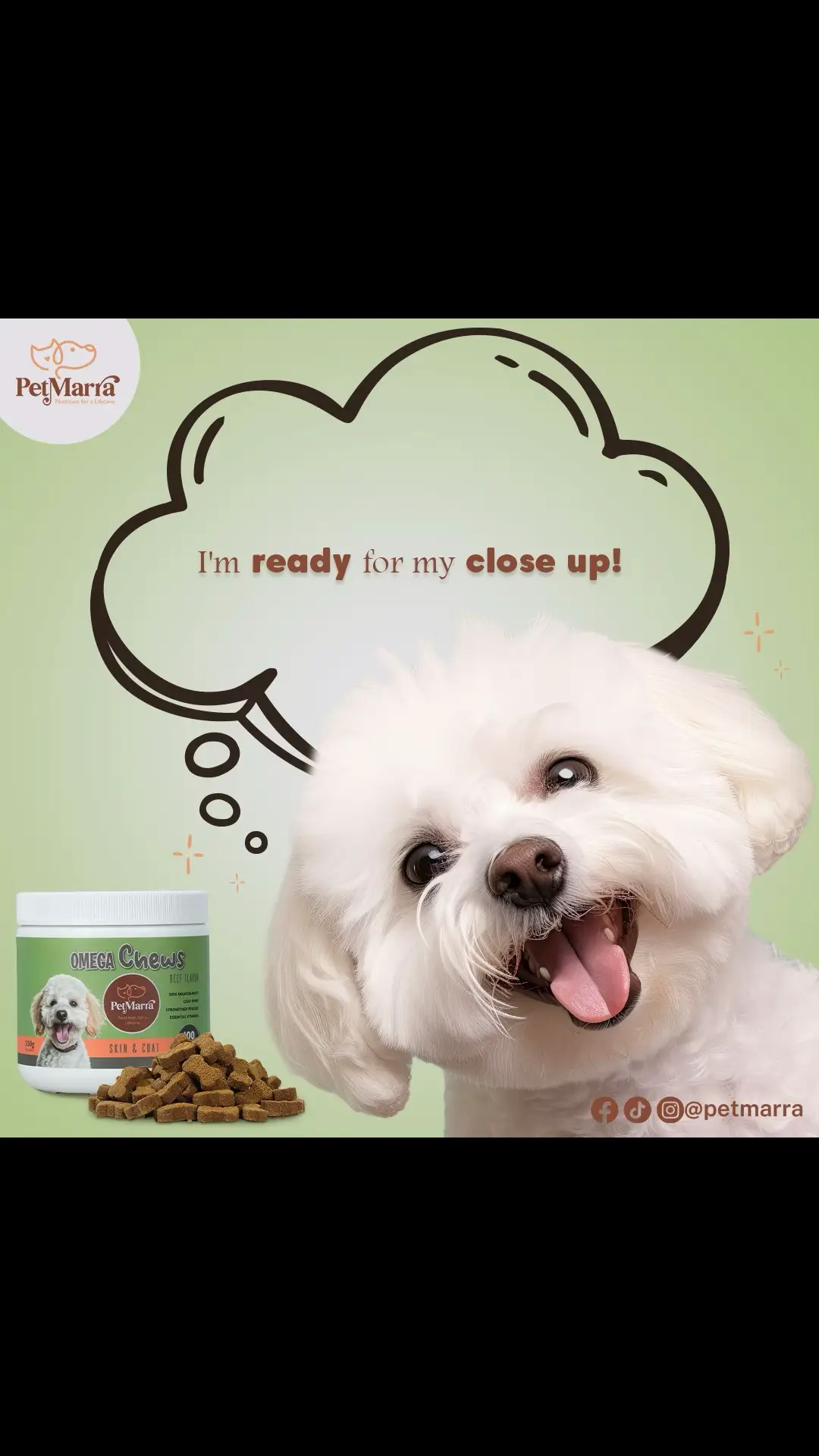 1, 2, 3! Say CHEWS! 🐾📸 Always picture ready with the aFURdable and effective PetMarra Omega Chews! Especially formulated to prevent skin allergies and coat abnormalities! CHEWS it now!  Provide your furry companion the best NUTRITION FOR A LIFETIME!💚🤎 #PetMarra #NutritionforALifetime #iLovePetMarra #SwitchUpwithPetMarra