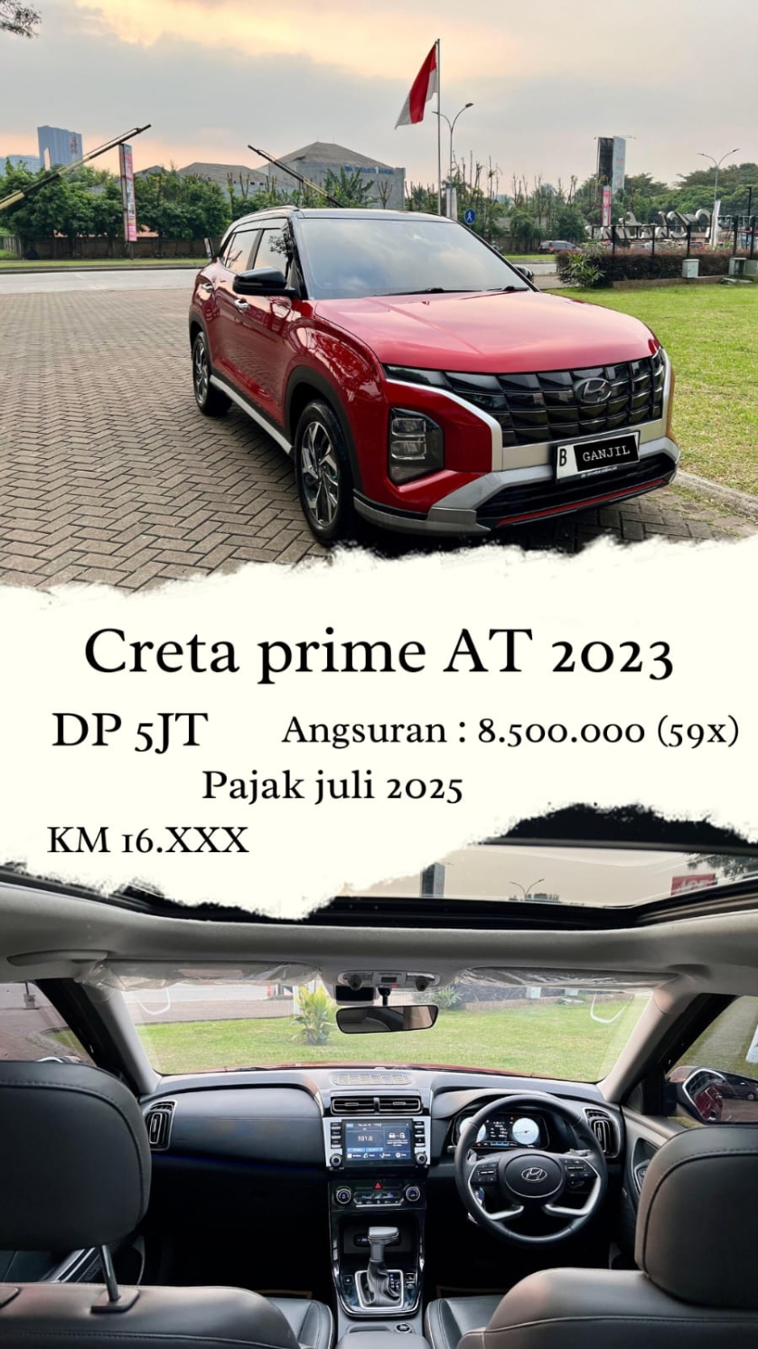 Type :  √ Hyundai Creta Prime Two tone  √ Tahun 2023 √ Transmisi otomatis  √ Pajak Juli 2025 √ Warna Merah metalic  √ Full original  √ Odometer 16xxx record dealler resmi autorized  √ Sunroof Panoramic  √ Full leater seat  • Steering switch  • Cruize Control  • Audio Intertaiment Original Hyundai with speakers Bose  • Air Purifire • Wireless Charging  • Nopol GENAP • Ban tebal 4 pcs  • Body cat original kaleng • KM full record Hyundai  • Led Head lamp with autoleveling  • Siap Gen Check hyundai otorizhed • Tangan pertama dari baru  • Rear LED lamp  Kelengkapan  √ Dokumen BPKB, Faktur, Nik  √ Kunci serep full set  √ Buku service & Manual  √ Kunci roda 1 set  √ Tangan pertama dari baru  Cash & kredit  DP 5 jt  Angs 8.500.000 (59x) Cimb niaga syariah  Minat serius Hub wa di bio #garasi93 mobil bekas rasa baru #hyundaicretaprime 