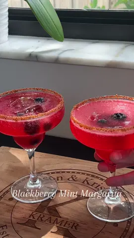 Blackberry mint margarita 🥂  Makes 2 Ingredients: - 4 ounces tequila (1 shot per person, 2 shots total) - 2 ounces triple sec  - 2 ounces agave - 4 ounces lime juice  - 6-10 blackberries  - 3-5 mint leaves  For the rim - Agave (optional) - Tajin (optional  Instructions 1. Rim glasses and place in freezer to chill 2. Muddle blackberries, mint & agave  3. Strain into another cup 4. Add tequila, triple sec & lime juice 5. Shake and pour over ice/frozen margarita glass 6. Garnish with blackberries & mint #blackberrymargarita #margarita #blackberry #summercocktail #cocktail #happyhour 