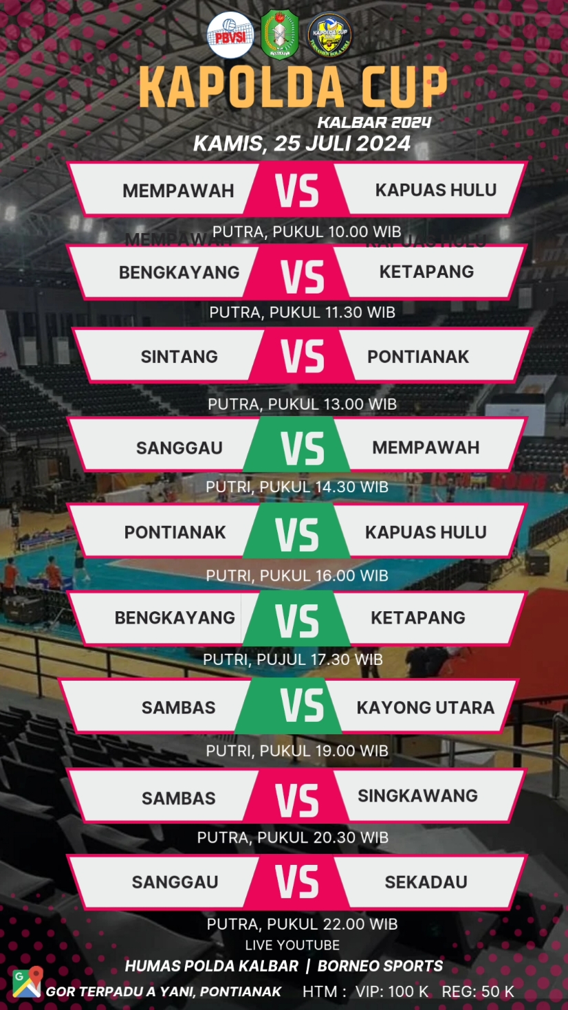 jadwal pertandingan kapolda cup kalbar 2024, kamis 25 juli 2024 #fyp #voli #bolavoli #kapoldacup #kapoldacupkalbar #kapoldacup2024 #kapoldacupkalbar2024 #borneosports 