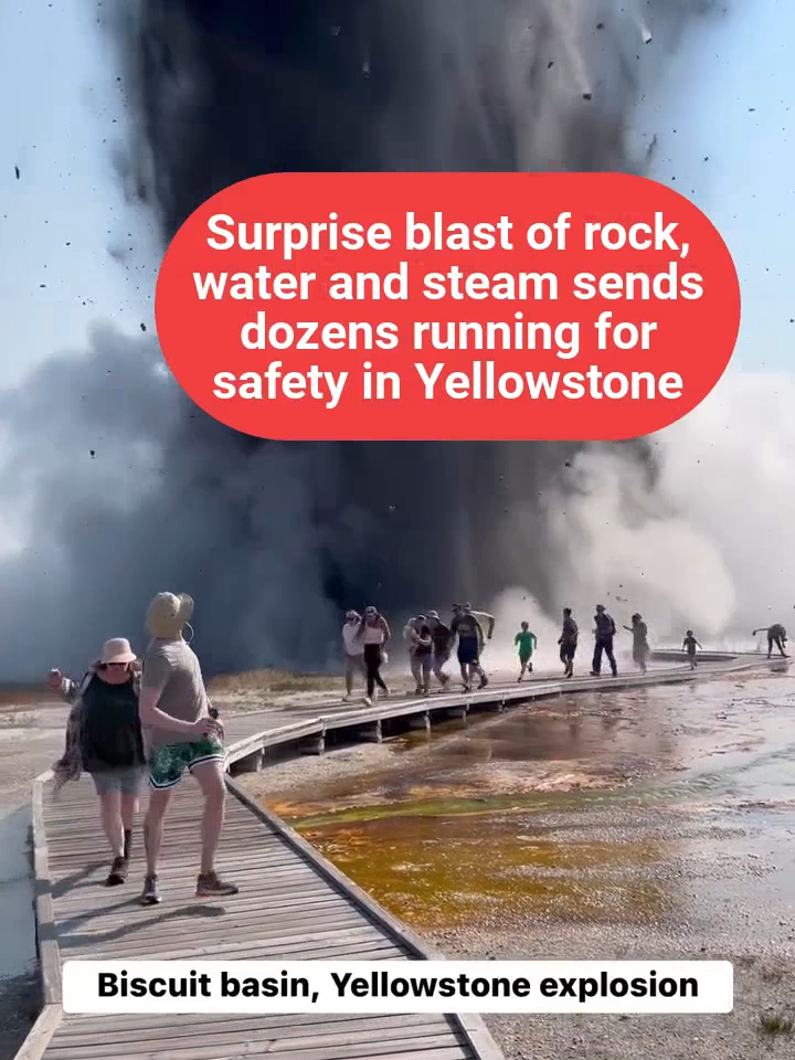 Yellowstone Montana, Biscuit basin explosion, moments before, This has never happened in the history of the park. The rangers arrived and closed it off. Boardwalk completely destroyed. This is how it started Video by Vlada March #BiscuitBasin. Surprise #blast of rock, water and steam sends dozens running for safety in #Yellowstone  A surprise #eruption that shot steam, water and dark-colored rock and dirt dozens of feet into the sky Tuesday sent people running for safety in #YellowstoneNationalPark. The #hydrothermal #explosion happened around 10 a.m. in Biscuit Basin, a collection of hot springs a couple miles (3.2 kilometers) north of the famous  #Old #Faithful #Geyser #oldfaithfullgeyser  In this image released by the USGS agency, a hydrothermal event is seen in Biscuit Basin in Yellowstone National Park in 2009. Yellowstone officials say a similar explosion on Tuesday, July 23, 2024, sent tourists running for cover and destroyed a boardwalk. They say such events are relatively common. (USGS via AP)