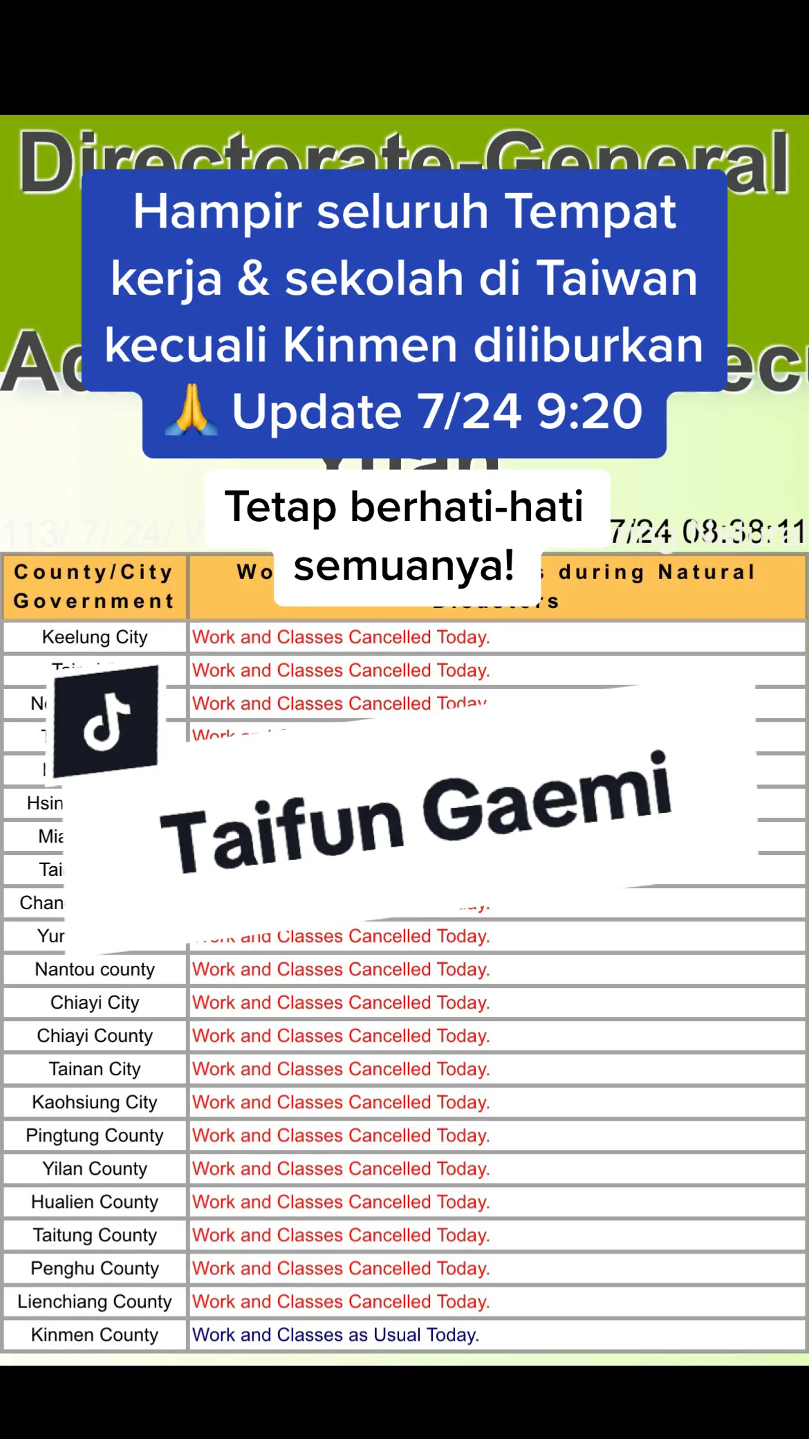 Pemerintah Taiwan telah mengeluarkan peringatan terkait Taifun Gaemi yang melaju menuju Taiwan pada hari Selasa membawa angin kencang dan hujan lebat dan diperkirakan akan mendarat di pantai timur laut menjelang malam Rabu ini.  Semua chat & pesanan kalian akan tetap diproses ya🥰👍 kami beroperasi seperti biasa! Mimin jga mau ingetin agar tetap berhati-hati & semoga kita semua diberikan perlindungan selalu!🙏 #typhoongaemi #taiwan🇹🇼 