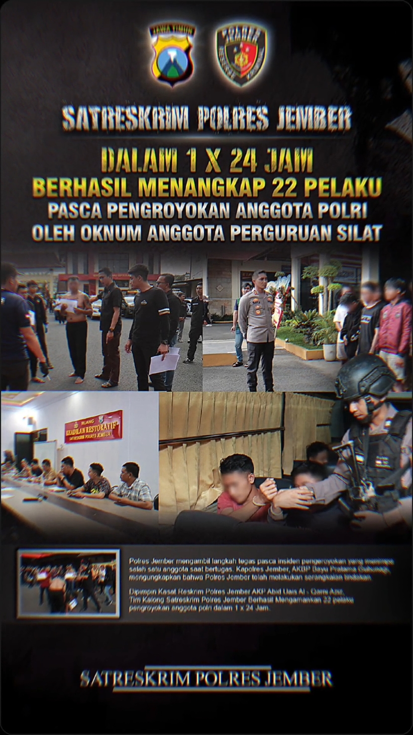 Polres Jember mengambil langkah tegas pasca insiden pengeroyokan yang menimpa  salah satu anggota saat bertugas. Kapolres Jember, AKBP Bayu Pratama Gubunagi,  mengungkapkan bahwa Polres Jember telah melakukan serangkaian tindakan. Dipimpin Kasat Reskrim Polres Jember AKP Abid Uais Al - Qarni Aziz, Tim Kalong Satreskrim Polres Jember Berhasil Mengamankan 22 pelaku pengroyokan anggota polri dalam 1 x 24 Jam. #polresjember  #satreskrimpolresjember  #timkalong  #poldajatim  #polri  #polripresisi  #jember 