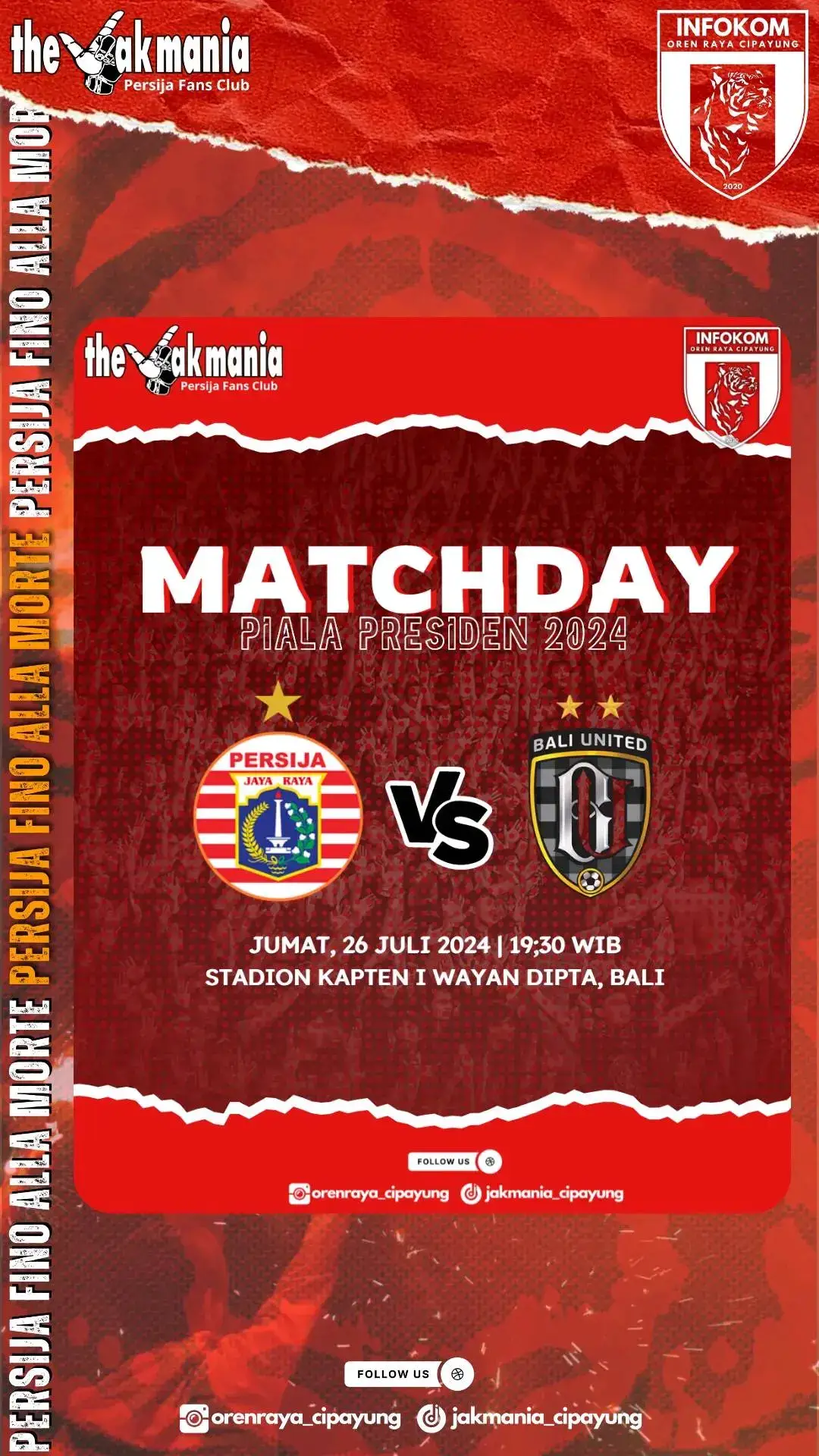 TUNTASKAN LAGA TERAKHIR DENGAN KEMENANGAN ‼️ MD-3 Piala Presiden 2024 PERSIJA JAKARTA Vs Bali United Jumat, 26 Juli 2024 | 19;30 WIB STD Kapten i wayan dipta, Bali #persija #persijajakarta #persijaday #thejakmania #orenrayacipayung #jakcimanggisbersatu #jop68 #palangpintuperbatasan #pialapresiden2024 