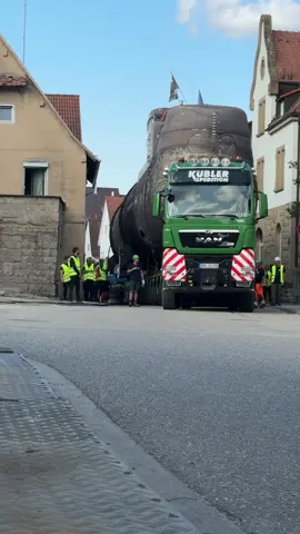 Scheuerle InterCombi platform trailers maneuvring 50 m long and 9  m high submarine U17 through the town Ittlingen in South Germany. #Scheuerle #IntetCombi #MoveTheWorld #TiiScheuerle #u17uboot #submarinetransport #küblerspedition #fy #technikmuseumsinsheim #schwertransport #uboot #spectacular ##HeavyTransport #Ittlingen 