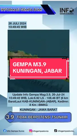 Update Info Gempa Mag:3.9, 26-Jul-24 10:49:45 WIB, Lok:6.92 LS - 108.46 BT (6 km BaratLaut KAB-KUNINGAN-JABAR), Kedlmn: 8 Km, dirasakan Di Banjar, Ciamis I-II MMI, Di Kuningan II-III MMI::BMKG #info #gempa #dunia #kuningan #fyp 