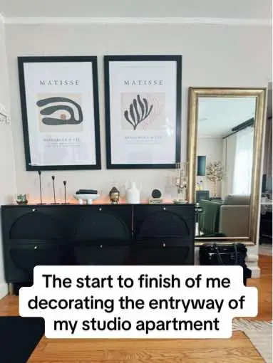 It took me 6 months to finish decorating my entryway of the studio apartment the way i wanted it 😅 but i love the way it came out! #studio #apartment #trusttheprocess 