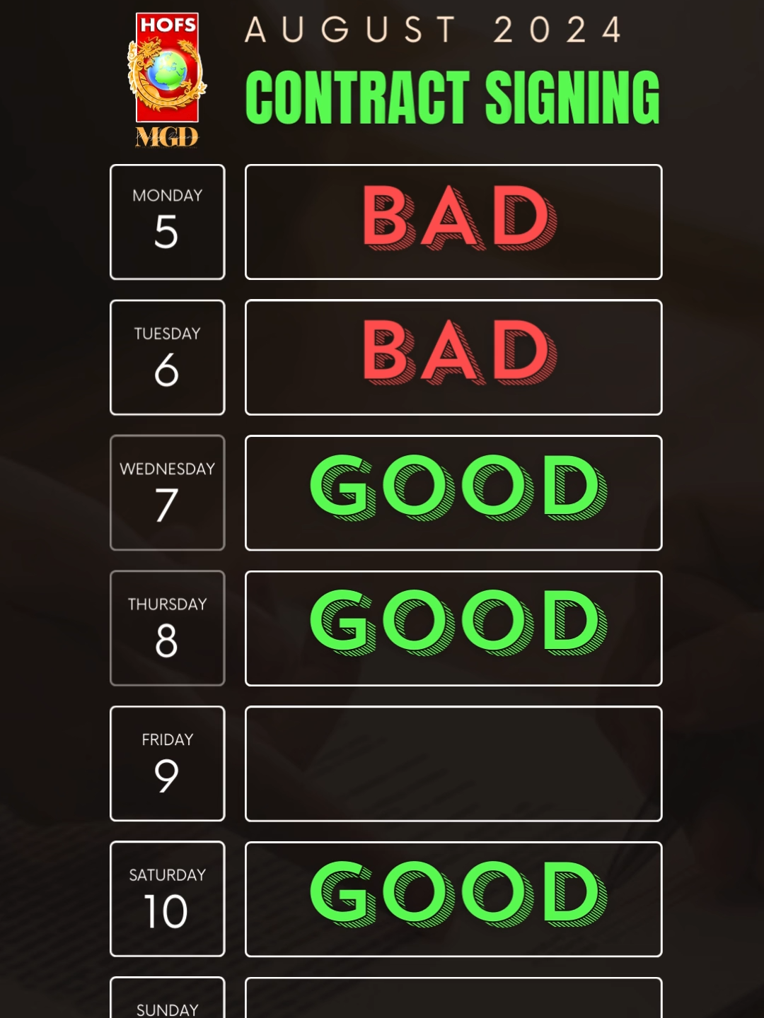 Would you be ready to seal the deal? Here are the dates you'll want to remember for contract signings in August 2024. For smooth transactions. Get those contracts ready and make your moves wisely! 💼✨ #ContractSigning #SealTheDeal #fengshui #fengshuitips #ready2024withMGD #fengshui101withMGD #meckyourmove #meckydecena #meckyknows #hofsmanila #hofs #fyp #trendingnowontiktok #trendingvideo