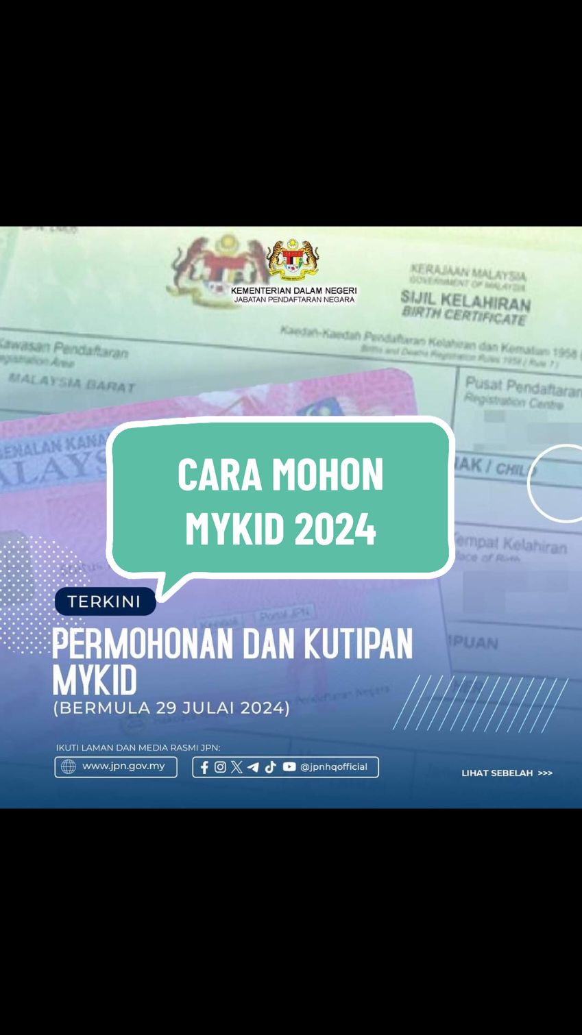 Replying to @atikaazali_ PERMOHONAN MYKID 2024 🔵 PERMOHONAN BARU/BELUM PERNAH MOHON MYKID 🔹Setakat info yang dicari tiada makluman untuk permohonan baru online. Ibu/bapa/penjaga perlu hadir/walk in ke JPN terdekat untuk buat permohonan baru. 🔹Bermula 29 Julai 2024 - tiada tarikh tutup.  🔹Dokumen Sokongan: 1. Sijil Lahir Asal Anak 2. Kad Pengenalan Asal Ibu/Bapa yang mendaftar. *Boleh standby bawa bersama 2 2 KP ibubapa+Sijil Nikah.  🟡 DAH PERNAH MOHON TAPI BELUM DAPAT MYKID ANAK 🔸Bermula 29 Julai - 31 Oktober 2024 🔸Ibu/bapa perlu buat semakan online rekod permohonan MyKid. @AtikaAzali  🔸Buat pengesahan cetakan bagi YANG BOLEH HADIR TUNTUT MYKID SAHAJA. 🔸Yang dah pindah, lokasi terkini jauh dari pusat yang dimohon sebelum ni, tak boleh mohon tukar dan tak perlu buat pengesahan. Selepas 31 Oktober, buat permohonan baru di JPN terdekat ikut lokasi terkini. Moga dimudahkan untuk semua🌹 #jabatanpendaftarannegara #jpn #mykid2024 #daftarmykid2024 #infojpn #trendingmalaysia #fypmalaysia #fyp #malaysia #permohonanmykid2024 #mohonmykid2024 