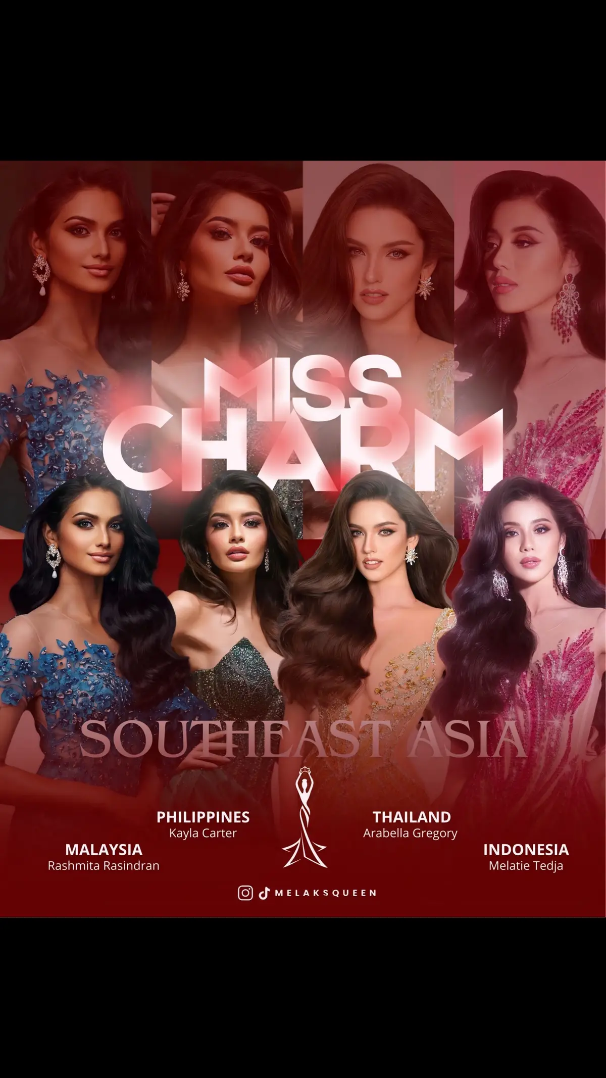 HELLO CHARM!! Here are some of our Southeast Asian representatives at Miss Charm 2024 What are our chances for Miss Charm 2024?? Can't wait for the complete lineup!! #misscharm #misscharm2024 #indonesia #thailand #philippines #malaysia 