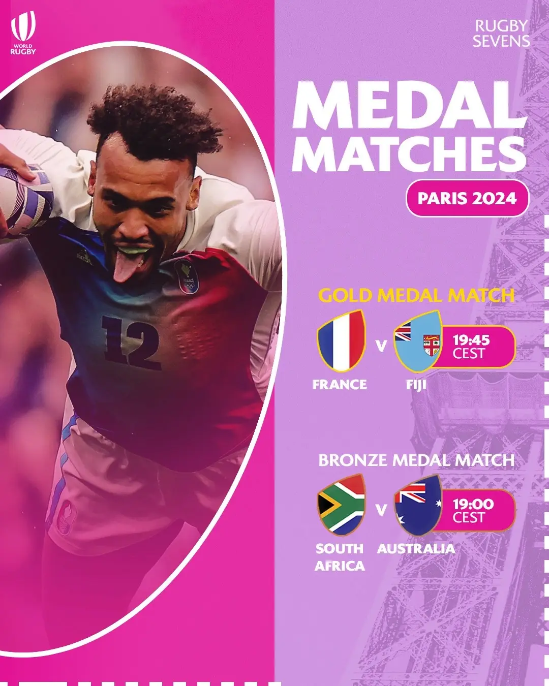 france vs. fiji for the gold medal match, south africa and australia for bronze! #rugby #rugbysevens #paris2024 #parisolympics2024 #france #fiji 