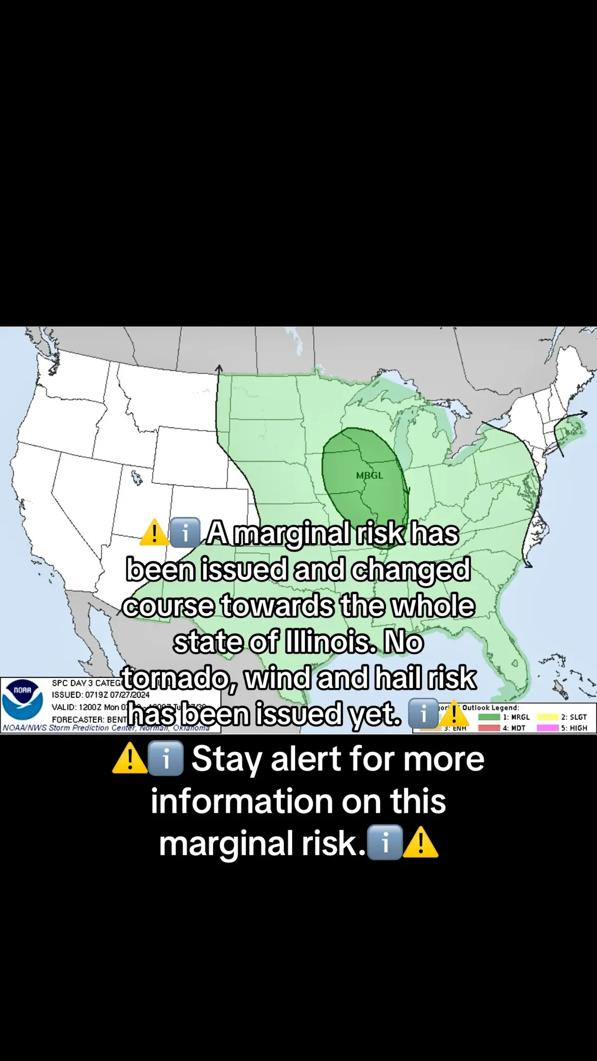 ⚠️ℹ️ A marginal risk has been issued and changed course towards the whole state of Illinois. No tornado, wind and hail risk has been issued yet. ℹ️⚠️ #weather #tornado #severeweather #severeweatherrisk #marginalrisk #fyp #foryoupage #viral 