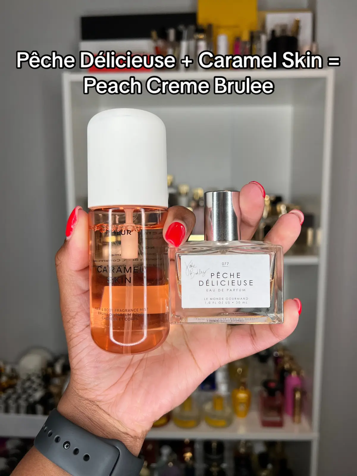 This fragrance that good? I SWEAR! @Le Monde Gourmand x Jade Pêche Délicieuse layered with @Phlur Fragrances Caramel Skin #perfumetiktok #fragrancetiktok #affordableperfume #gourmandperfume #pechedelicieuse #lemondegourmand #phlur #perfumelayering 