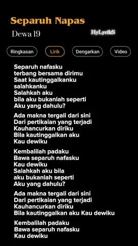 Lirik Lagu Separuh Napas-Dewa 19 Part 386 🎶 #lyrics #liriklagu #lirikvideo  #laguenak #lagupopuler  #berandafyp #musik #hylyriks  #separuhnafas #dewa19 