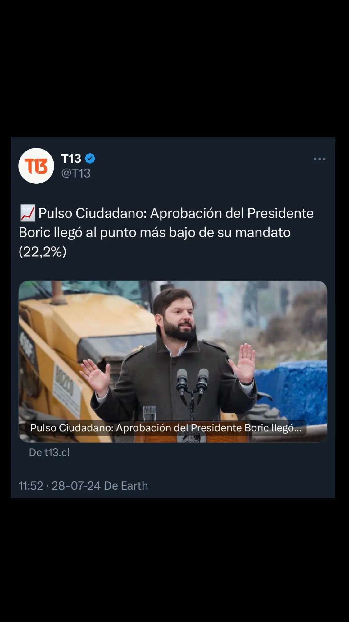 28/07/2024: 📈Pulso Ciudadano: Aprobación del Presidente Boric llegó al punto más bajo de su mandato (22,2%)