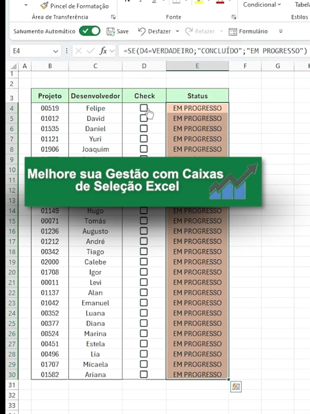 📊 Descubra como simplificar suas tarefas no Excel com caixas de seleção e status de progresso! 🚀 Aumente a produtividade e organize tudo facilmente! ✅ #ExcelTips #Produtividade #Organização #Excel #ExcelTricks