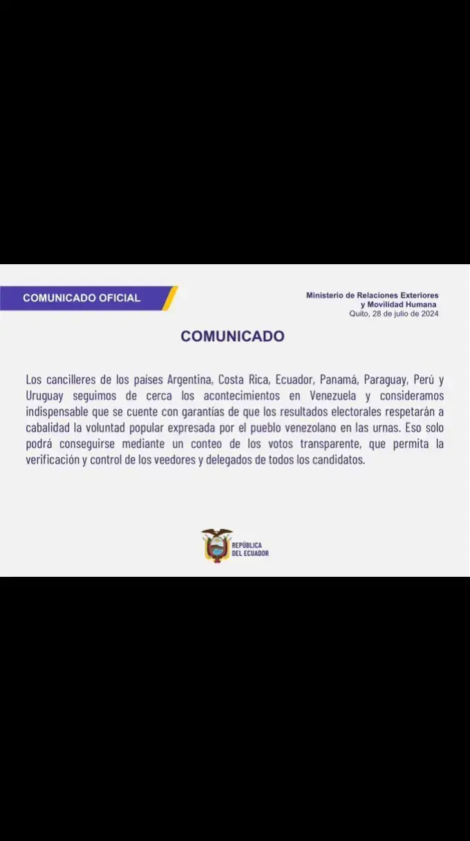 #ÚLTIMAHORA | Argentina, Costa Rica, Ecuador, Panamá, Paraguay, Perú y Uruguay exigen al régimen de Nicolás Maduro “respetar la voluntad popular expresada por el pueblo venezolano”.