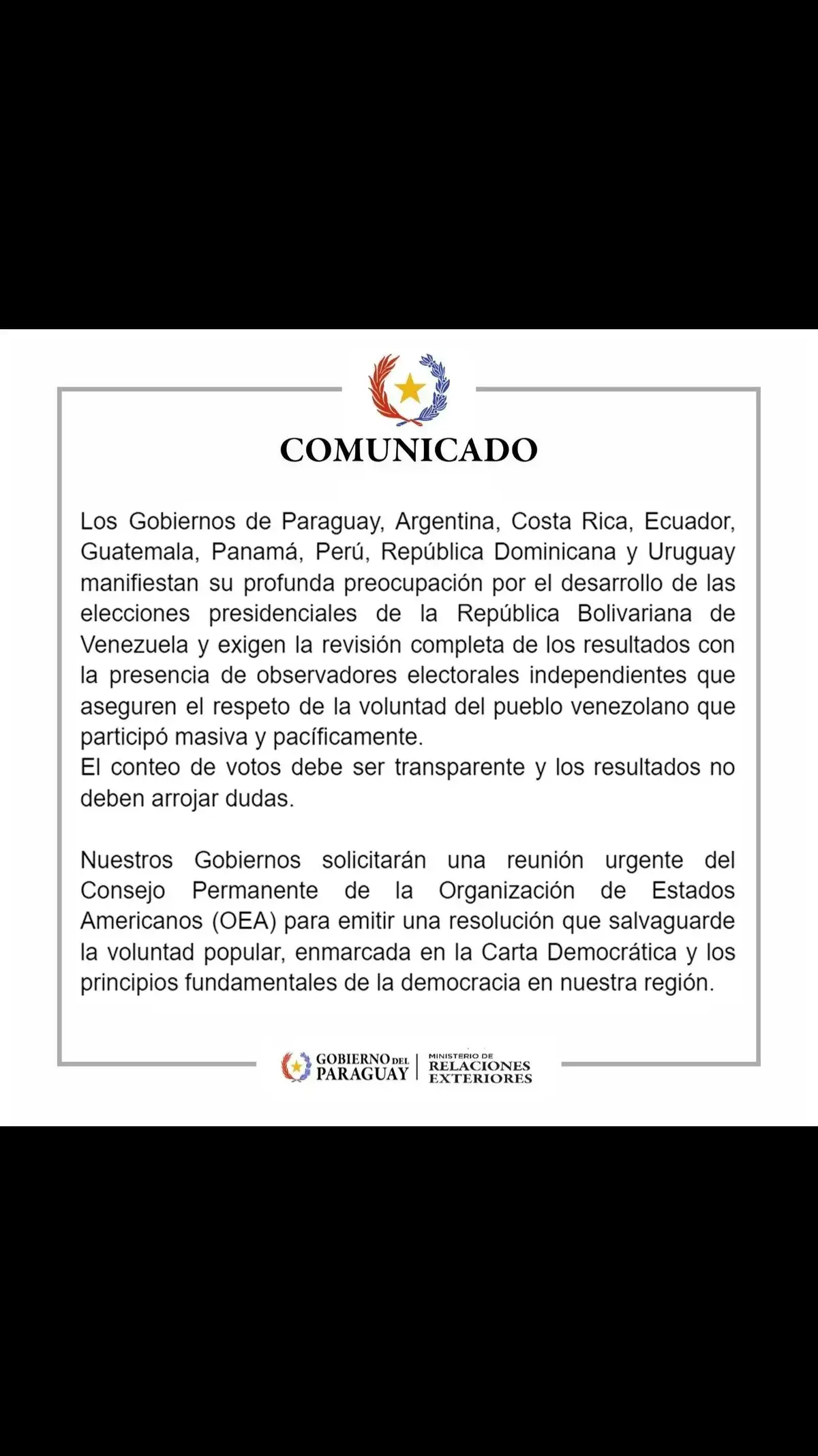 Comunicado sobre elecciones en Venezuela