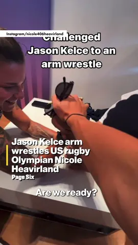 Tough competition! Watch #JasonKelce arm wrestle US rugby #Olympian Nicole Heavirland 💪