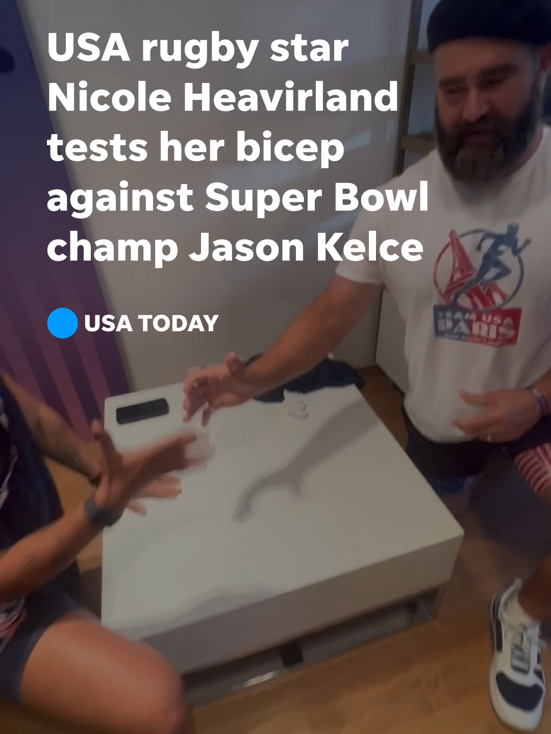 See what happens when USA rugby's Nicole Heavirland challenges Jason Kelce to arm wrestling.