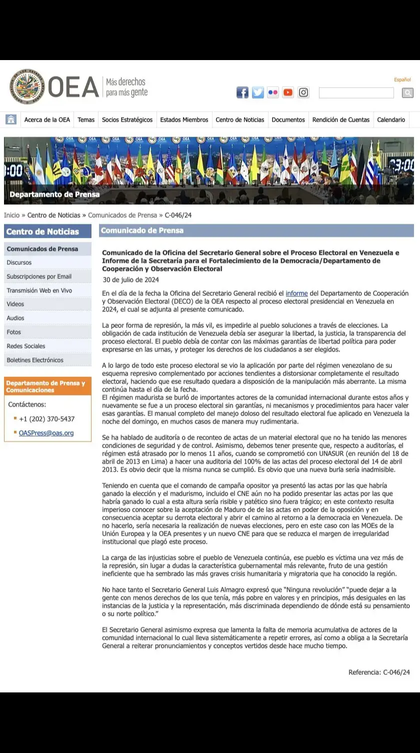 🇻🇪 | URGENTE La OEA denuncia irregularidades en el proceso electoral en Venezuela. En un informe emitido hoy, el Departamento de Cooperación y Observación Electoral (DECO) señaló graves manipulaciones y represión por parte del régimen de Maduro, comprometiendo la transparencia de las elecciones presidenciales de 2024. El Secretario General de la OEA urgió al régimen a aceptar los resultados presentados por la oposición y permitir una transición democrática. De lo contrario, se demandan nuevas elecciones con observadores internacionales y un nuevo CNE para garantizar la legitimidad del proceso.