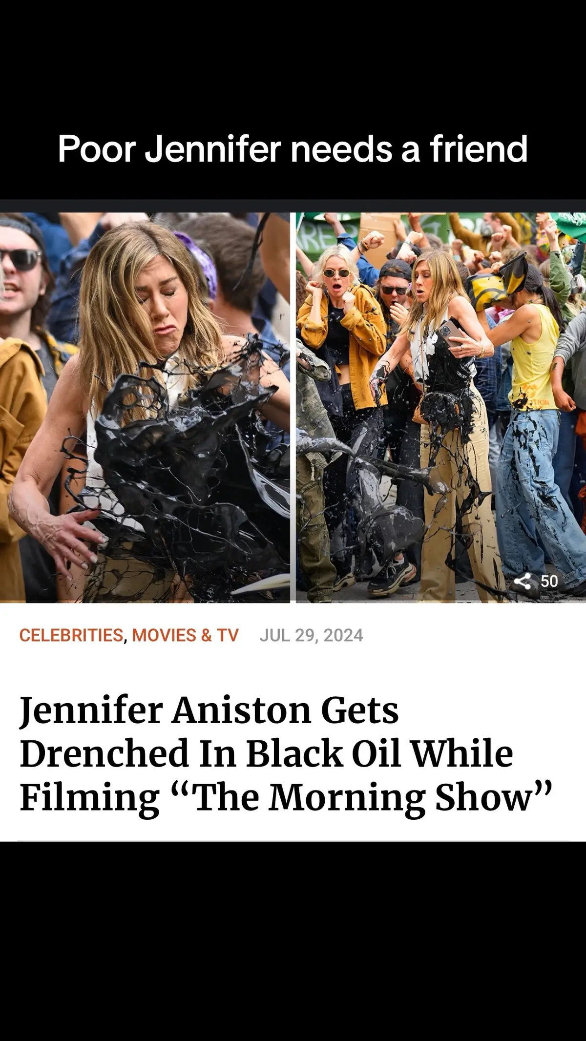 Poor Jennifer needs a friend. #jenniferanniston #friends #oil #whiteshirt #sadday #messy #fyp 