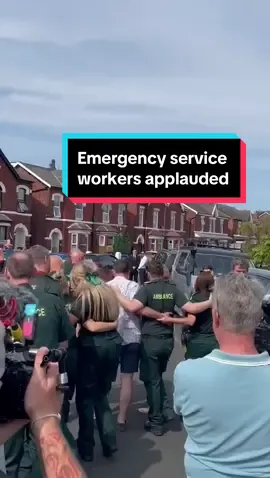 Emergency service workers are applauded as they lay tributes following a knife attack in #Southport yesterday.  Three young girls who died after being stabbed have now been named as Bebe King, 6, Elsie Dot Stancombe, 7, and Alice Dasilva Aguiar, 9. 