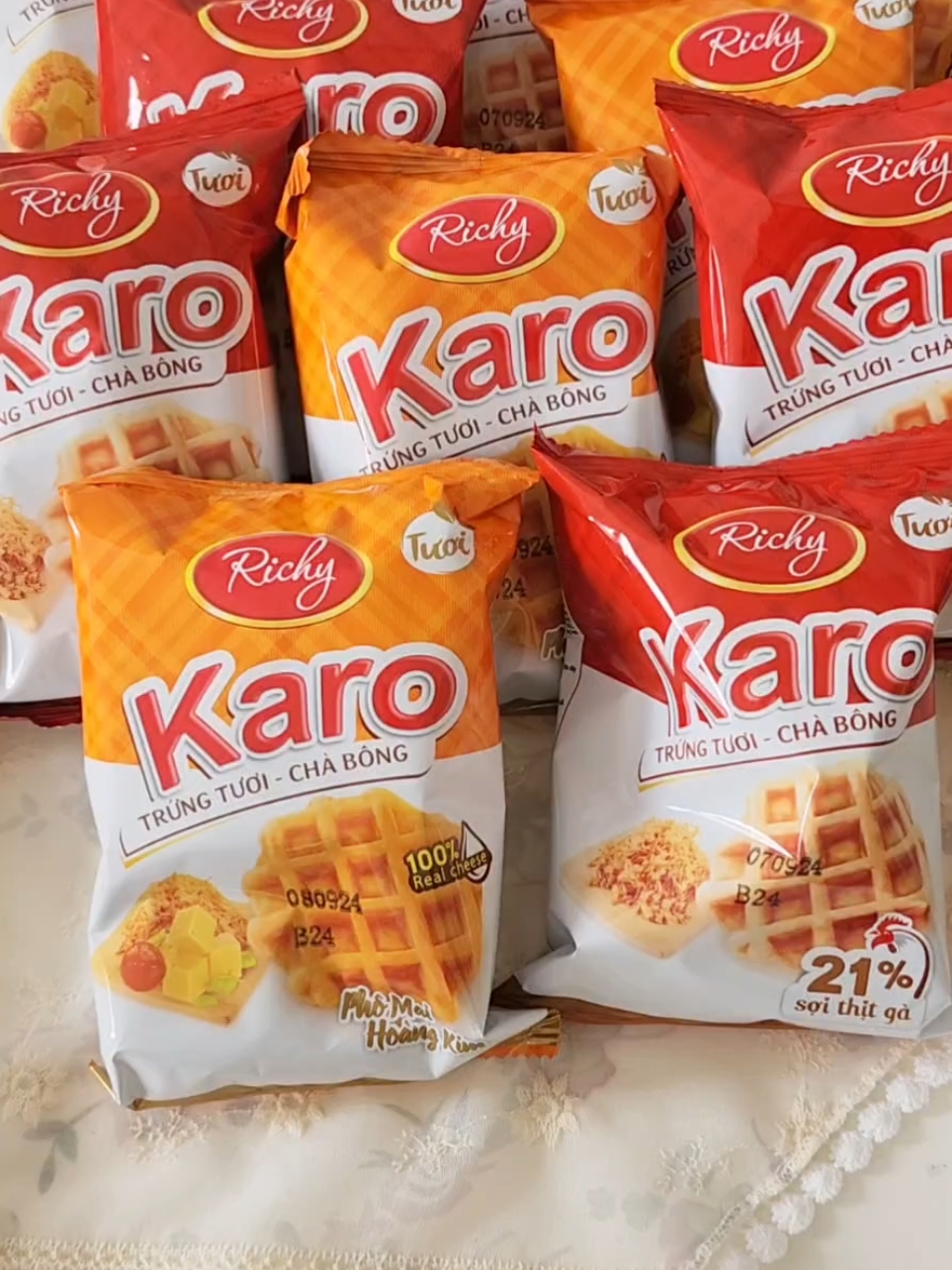 Combo 5 túi bánh trứng chà bông Karo vị sợi thịt gà và phô mai hoàng kim (P1) #unboxing #banhkaro #banhkarochabong #banhtrung #banhansang 