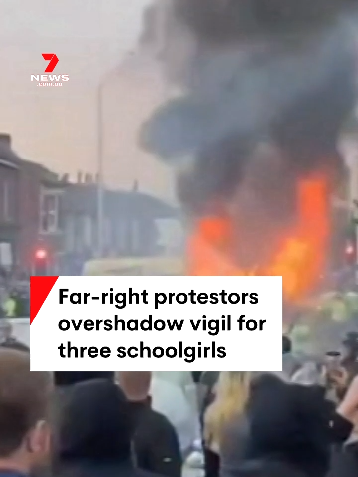 Protests have overshadowed a vigil for three schoolgirls murdered in a stabbing attack at a Taylor Swift-themed dance class in England. Far-right thugs rioted outside a mosque over false online claims the 17-year-old suspect was a Muslim asylum seeker. #southport #riot #7NEWS