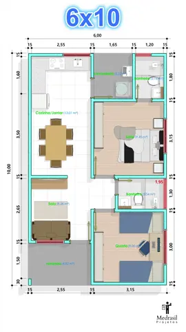 Planta Baixa 6x10  #projetodecasa #casa #house #tinyhouse #plants #2quartos #plantadecasa #plantabaixa #projetosarquitetonicos 