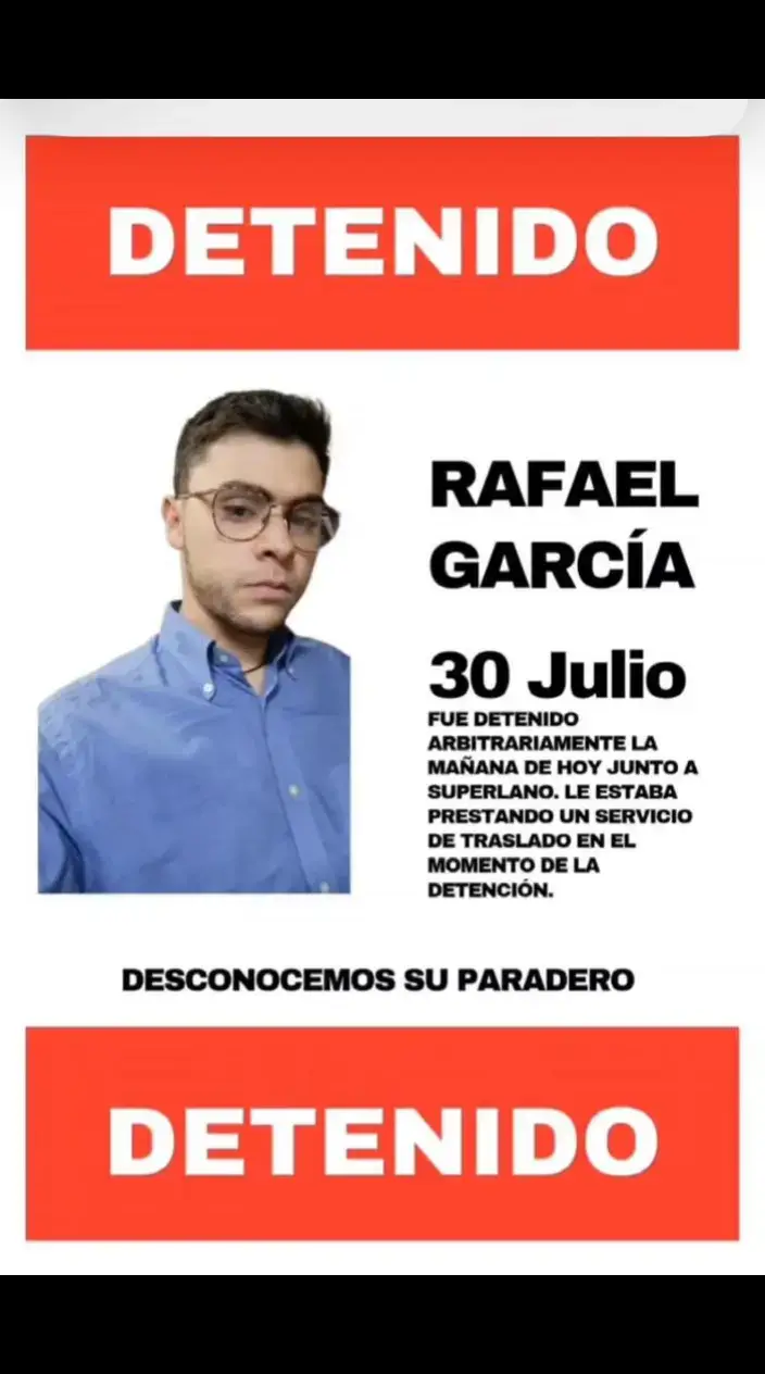 #31Jul | @VoluntadPopular denunció la detención arbitraria de Rafael Enrique García, quien se encontraba prestando servicio de transporte al coordinador político @freddysuperlano.  El partido indicó que García no tiene ningún cargo ni es activista de @VoluntadPopular.