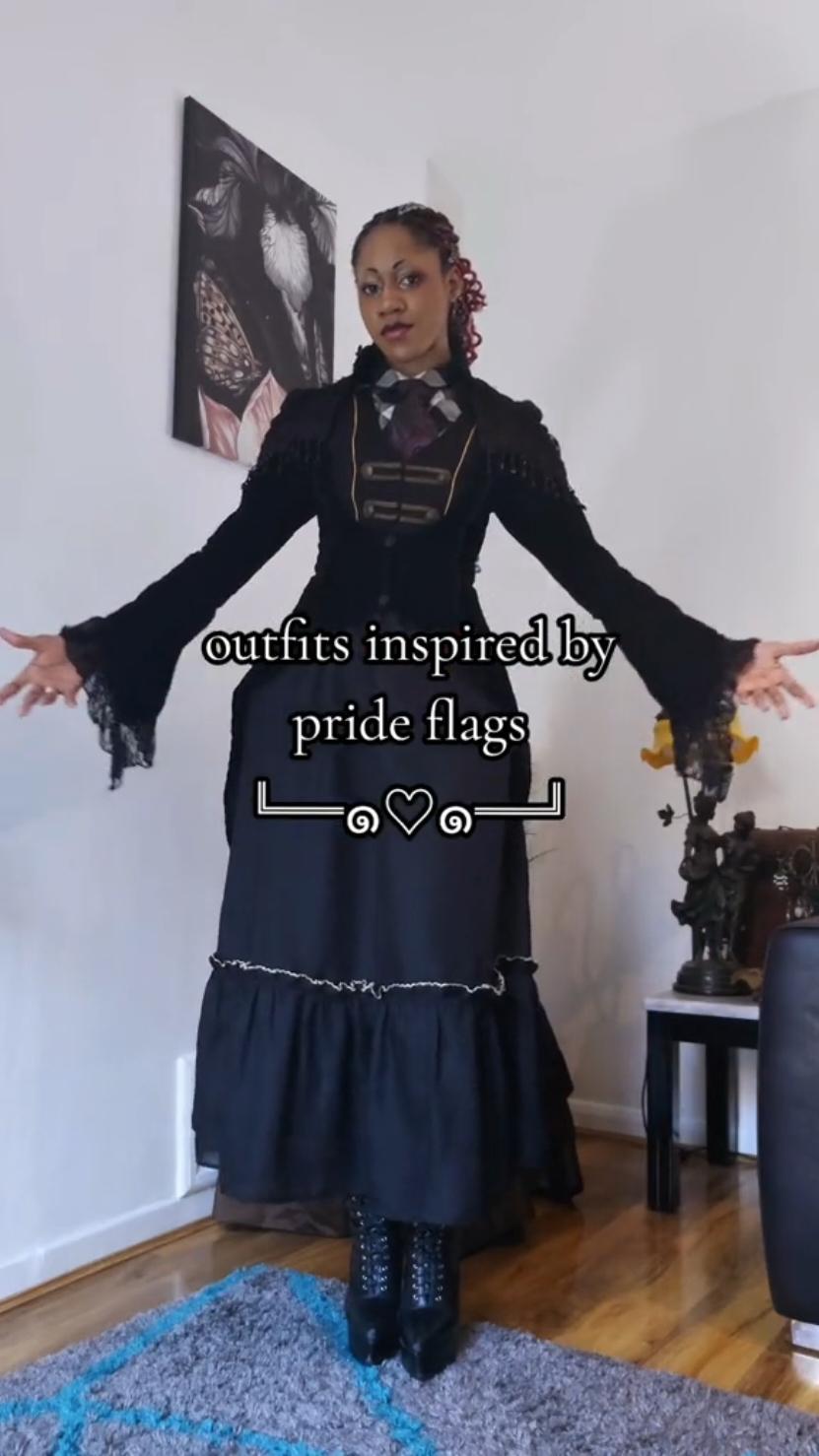 i can't be late if pride month never ends 😌 Aromantic  grey antique skirt (vintage fair) green chiffon skirt - no tag (depop) waistcoat - no tag (depop) bolero - d*llskill (vinted) white shirt - Faraday (vintage fair) belt - liberty mai Genderfluid pink shirt - no tag (thrifted) waistcoat - no tag (depop) trousers - no tag (depop) white peignoir - Hallé (depop) boots - lamoda Nonbinary  ivory tunic - theatre costume (depop) purple top - all about audrey trousers - theatre costume (depop boots - vintage clarks Agender  white/black shirt - karen millen (vinted) green corset - corset story Demisexual  white lace top - free people (vinted) starry top - cider (depop) purple lace dress - future (thrifted) AroAce  blue top - all about audrey lace robe - vintage (depop) orange dress - handmade vintage (thrifted) #nonbinary #fantasy #fashion  #outfit #lgbt 