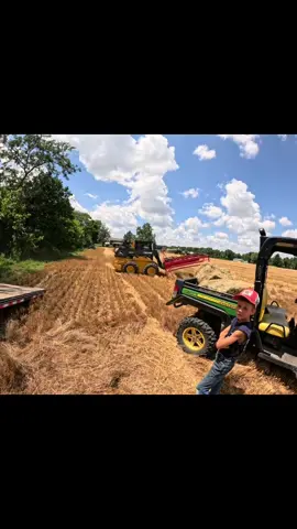 Jackson and his dad working with the family on the Wheat harvest and square bailing . Jackson rode in the combine and he  got to learn to run  the skid steer with bale accumulator grapple . Also as seen in video Jackson is not unsupervised his dad and uncle are right by in an open field . #farmkid #justajacksonthing #jacksonfarmer #fam #farmtok #farmlife #johndeere #hillcopivotspout  