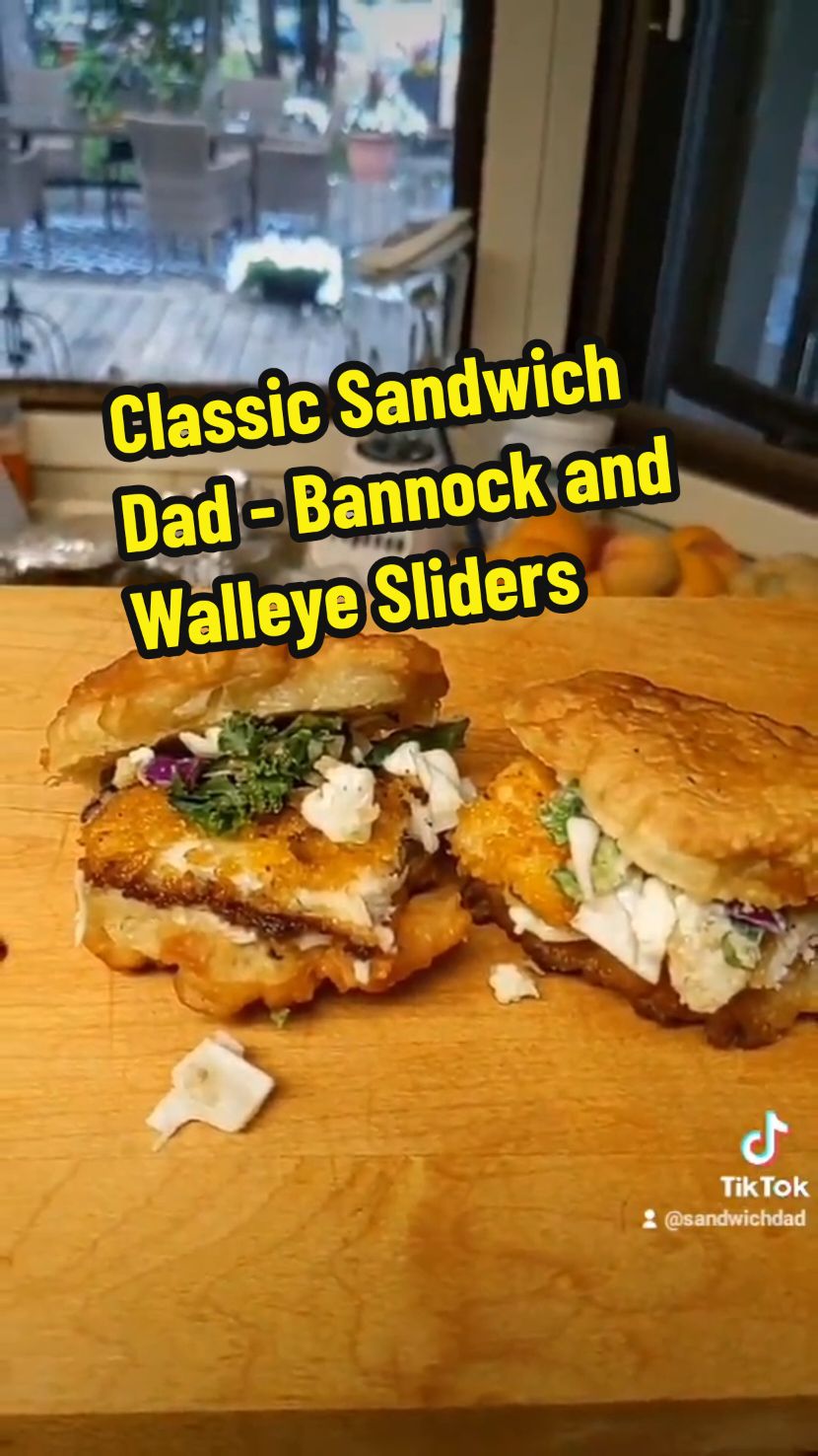 Classic Sandwich Dad - Bannock and Walleye Sliders. This is one I've been wanting to re-make for a while now, but my fishing skills are not what they used to be.  If you have a classic episode or favourite sandwich you'd like to see while I'm on vacation, let me know in the comments.  #sandwichdad #bannock #frybread #walleye #pickerel #sandwich #sandwichtok #sandwichesoftiktok #sandwichtiktok #fyp 