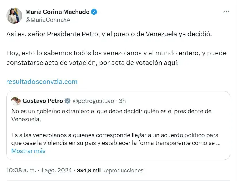 La respuesta de María Corina Machado al presidente de Colombia, Gustavo Petro:  