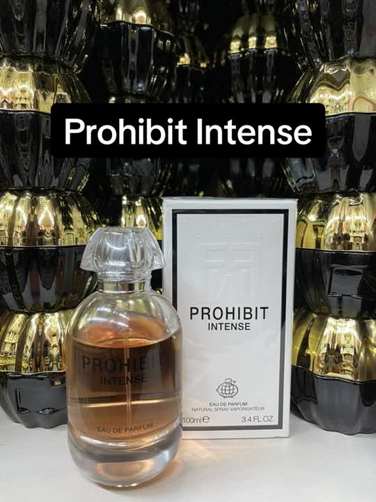 Prohibit Intense 100ml  Prohibit Intense is a luxury, floral oriental fragrance A white floral exalted with a dark accord. The first resolutely underground flower. The white notes orange blossom, jasmine and tuberose are interlaced with darker more mysterious notes of vetiver and patchouli. #fragrancefantasyltd #fyp #white #longlasting #bottle #beauty #beautiful #unisex #ladies #hot #ConSantanderConecto 