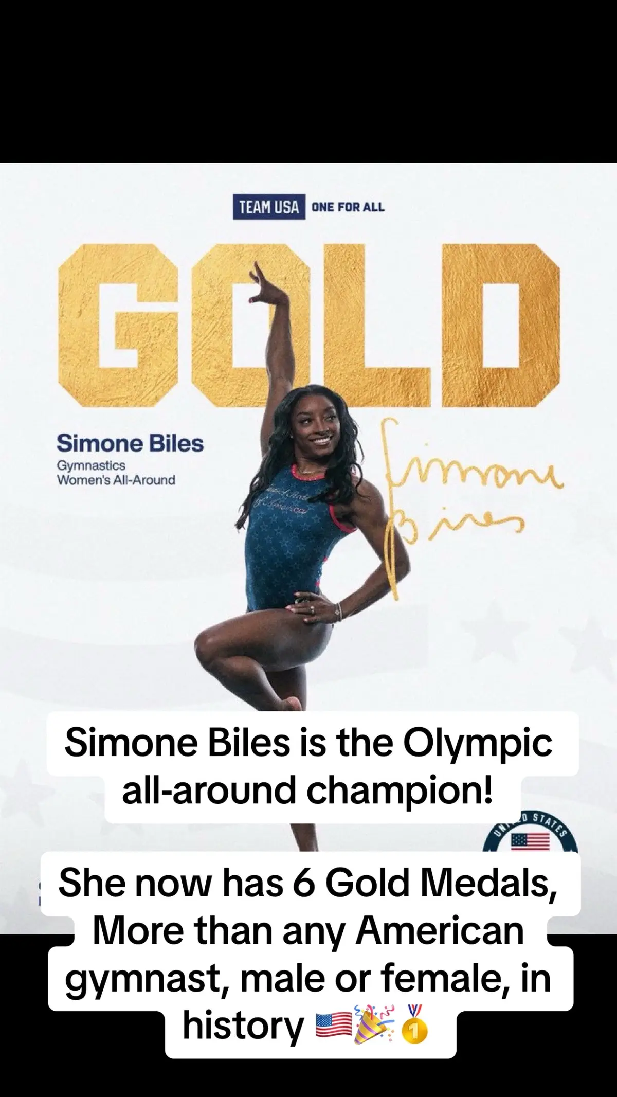 Simone Biles is the Olympic all-around champion! She now has 6 Gold Medals, More than any American gymnast, male or female, in history 🇺🇸🎉🥇