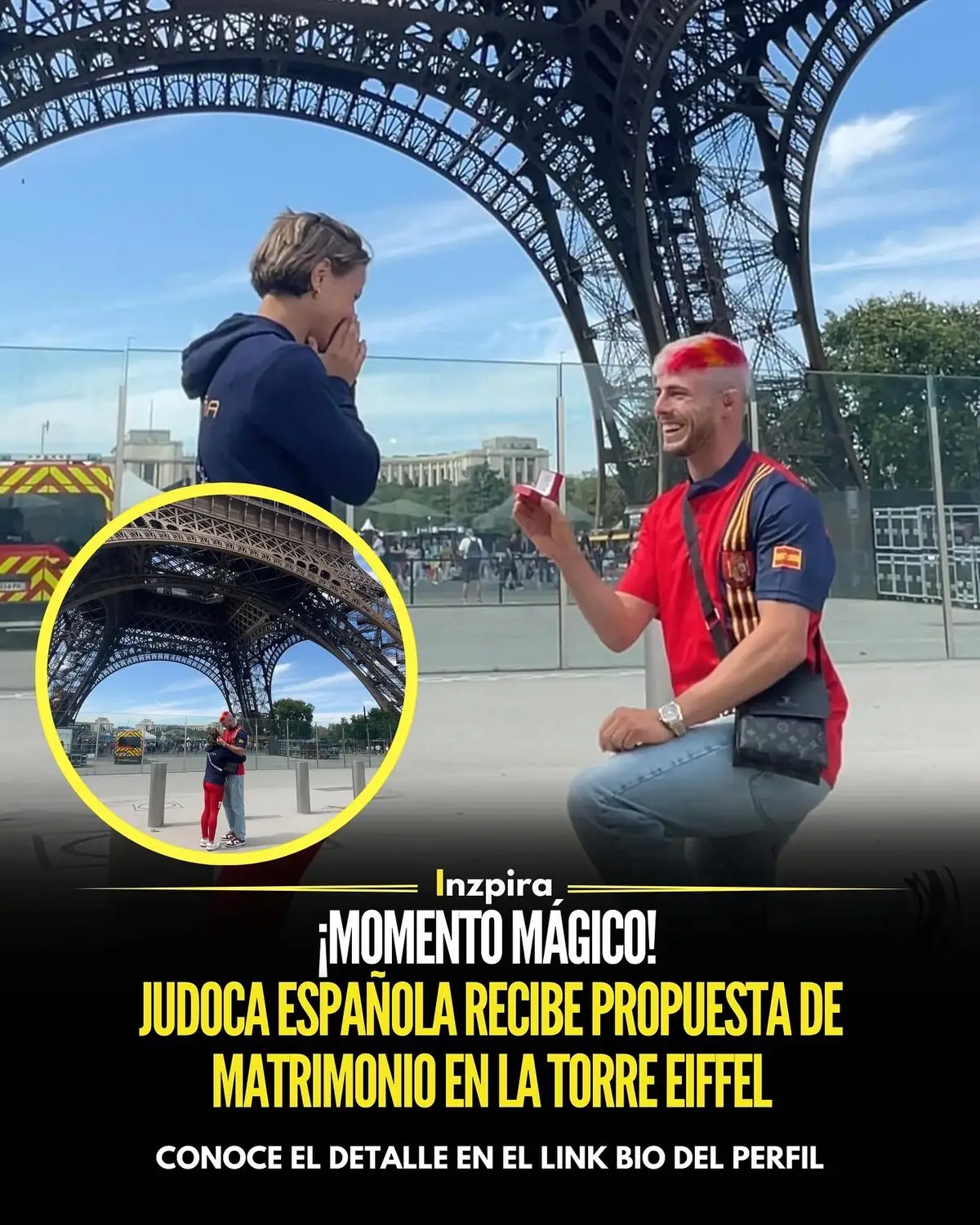 La judoca española Laura Martínez vivió un momento inolvidable cuando su novio, el campeón de España de judo, José Antonio Aranda, se arrodilló ante ella a los pies de la Torre Eiffel para pedirle matrimonio. ✅ Conoce el detalle en el link bio del perfil.  • • • #Matrimonio #Amor #paris2024 #Deportistas  